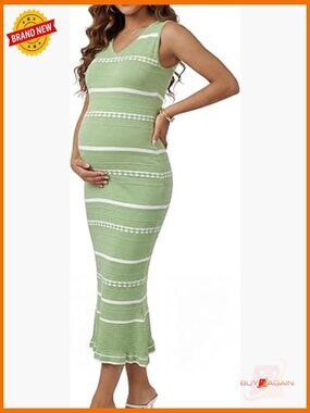 Sleeveless V-Neck Maternity Midi Dress Spring Striped Bodycon